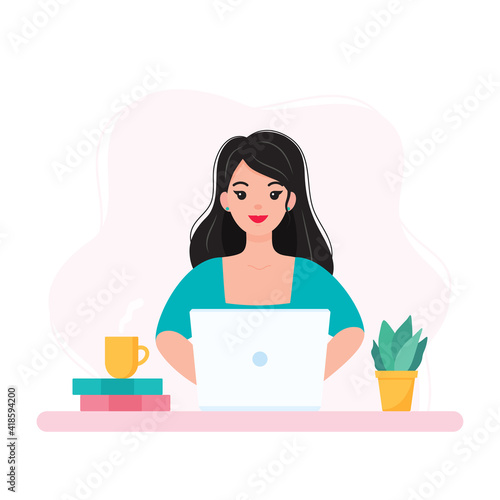 Young woman working from home  student or freelancer. Home office concept. Flat vector illustration.