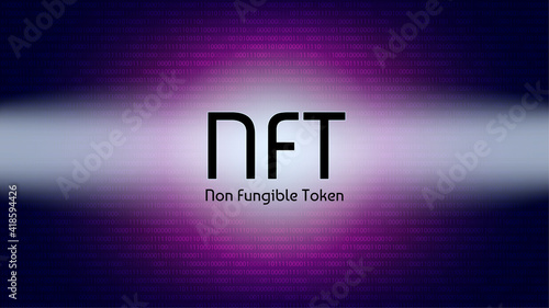 NFT non fungible token in the rays of light from the spotlights on background of numbers. Pay for unique collectibles in games or art. Vector illustration.
