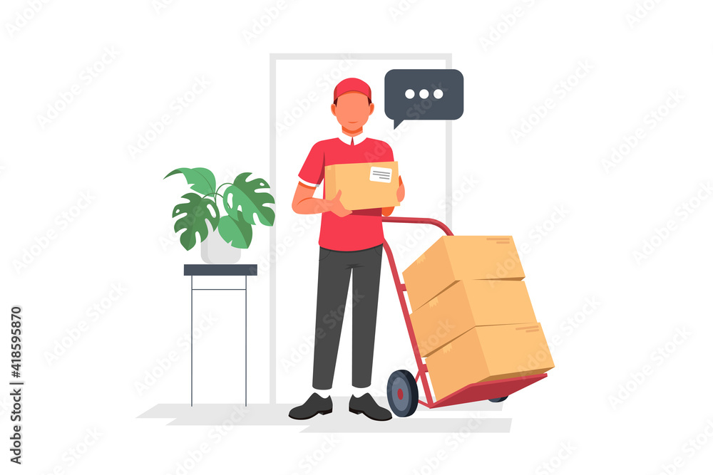 Happy young delivery man in red cap standing with parcel post box isolated over white background. Happy young delivery man in red cap standing with parcel post box isolated over white background.