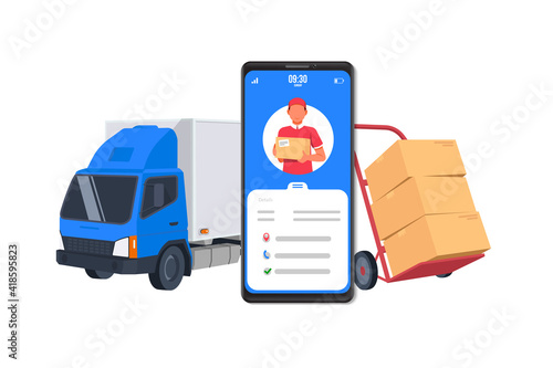 Logistic cargo mobile courier or freight delivery service transportation vector, flat cartoon truck automobile with warehouse parcel packages and cellphone or phone city map pin track