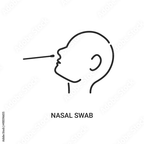 Covid nasal swab icon. Corona virus nasal pcr swab test line icon