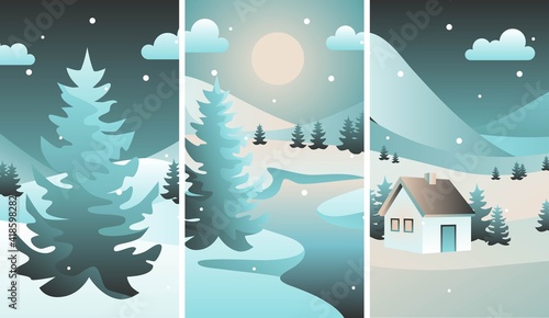 Nature vector background set. Winter night landscape with snowdrifts and snowy fir trees. Seasonal nature background. Frosty snow hills. Snowy background. Snowdrifts. Snowfall. Moonlight. Vector illus