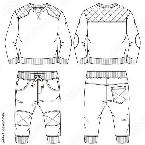 Infant Boys Fleece Set fashion flat sketch template. Technical Fashion Illustration. Jogger Pant with Pull-over Sweatshirt CAD