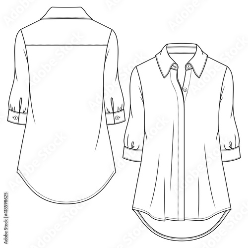 Women Blouse flat fashion sketch template. Technical Fashion Illustration. Girls Tunic length shirt. Hidden placket