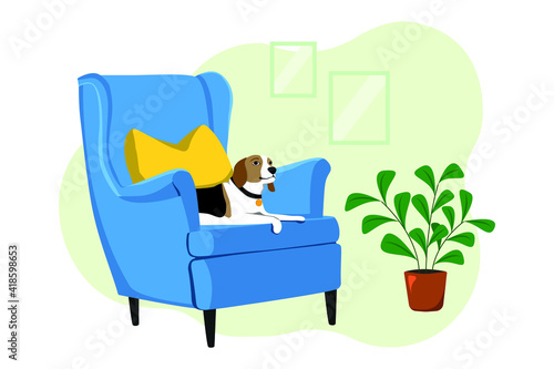 The dog is lying in the chair. The pet sits in a blue chair with a yellow pillow. Cozy image of an interior element with an animal and houseplant. Sticker, poster, postcard
