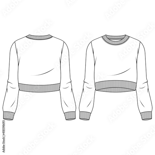 Girls Crop Sweatshirt fashion flat sketch template. Technical Fashion Illustration. Rib Crew Neck, Cuffs and waistband.