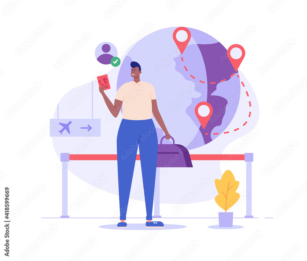 Immigration illustration. Man moving to foreign country. Tourist with luggage in airport. Concept of international migration, emigration, travel around world. Vector illustration for web design