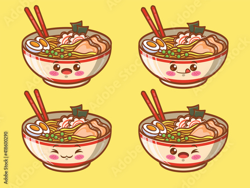 set of cute ramen Japanese food. cartoon character and illustration