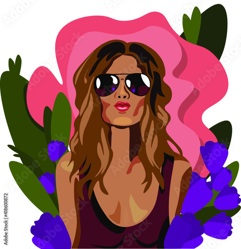 A girl with long brown hair in sunglasses and a burgundy T-shirt. Behind her are purple tulips and leaves. Festive picture. March 8. Vector illustration. Print.
