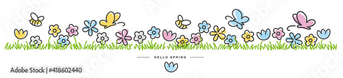 Spring background design with bees, butterflies and colorful spring flowers in green grass white isolated
