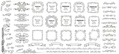 Calligraphic design elements . Decorative swirls or scrolls  vintage frames   flourishes  labels and dividers. Retro vector illustration