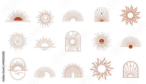 Fotografie, Obraz Bohemian linear logos, icons and symbols, sun, arc, window design templates, geometric abstract design elements for decoration