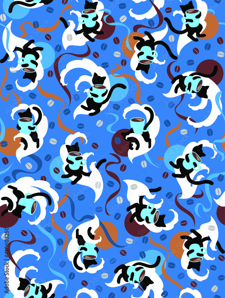 Seamless pattern of cute cats, cup of coffee, milk, clouds Seamless pattern of cute cats, cup of coffee, milk, clouds
