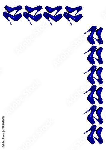 Frames on a white background A4, vertical - Dressed blue shoes on the platform with a bow on a high thin heel. Shoes.