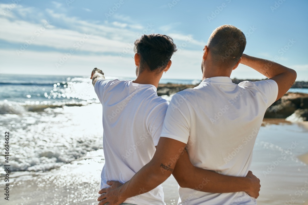 Young gay couple on back view looking to the horizon at the beach. Young gay couple on back view looking to the horizon at the beach.