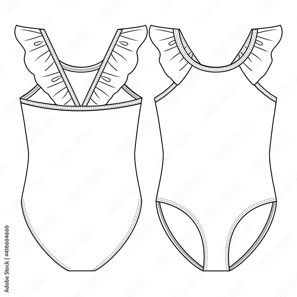 Girls One piece Swimsuit fashion flat sketch template. Swimwear ...