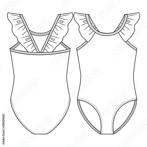 Girls One piece Swimsuit fashion flat sketch template. Swimwear Technical Fashion Illustration. Frill Detail