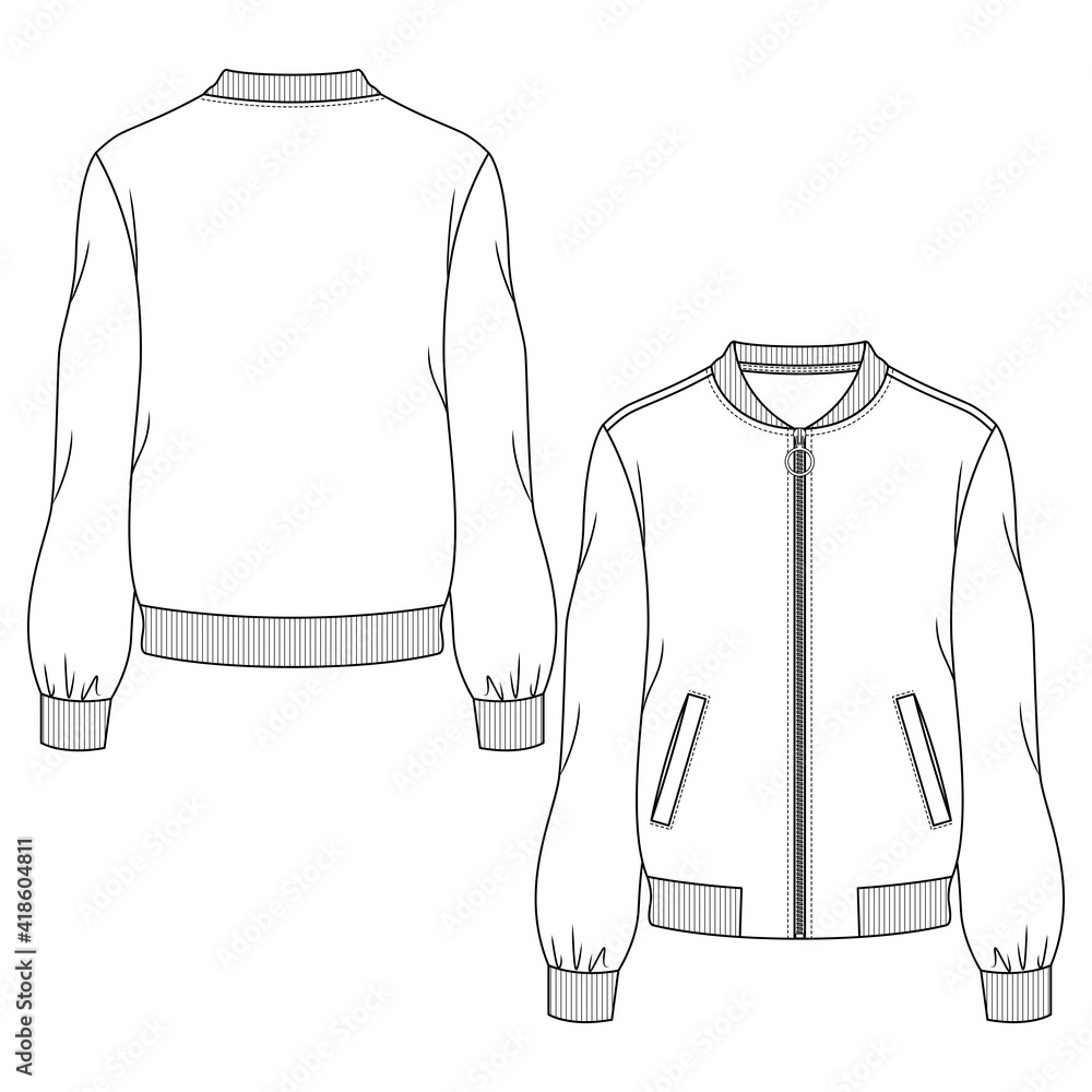 Women Bomber Jacket fashion flat sketch template. Technical Fashion  Illustration. Welt Pockets Stock Vector