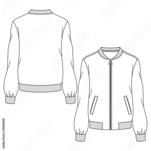 Women Bomber Jacket fashion flat sketch template. Technical Fashion Illustration. Welt Pockets