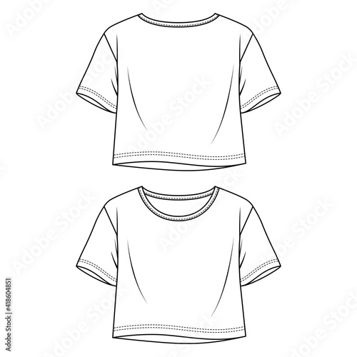 Women Flare Jersey Crop Top fashion flat sketch template. Girls Short Sleeves tee Technical Fashion Illustration. Relax Fit T-Shirt
