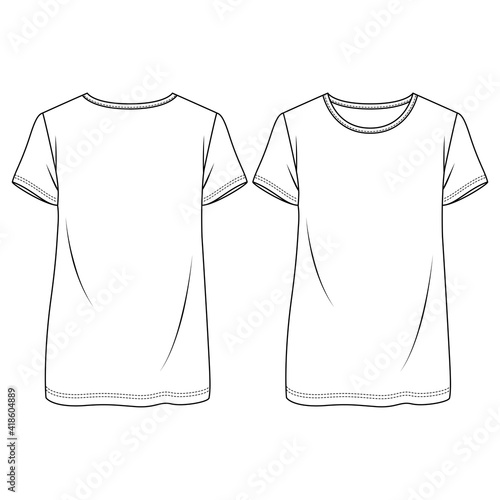 Women Boxy Fit t-shirt fashion flat sketch template. Girls Tunic Length Tee Technical Fashion Illustration