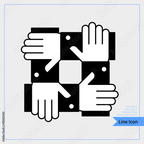 Team icon  arm connected to arm  Pin with four hands held by the wrist. professional  pixel-aligned  Pixel Perfect  Editable Stroke  Easy Scalablility.