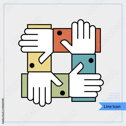 Team icon, arm connected to arm, Pin with four hands held by the wrist. professional, pixel-aligned, Pixel Perfect, Editable Stroke, Easy Scalablility.