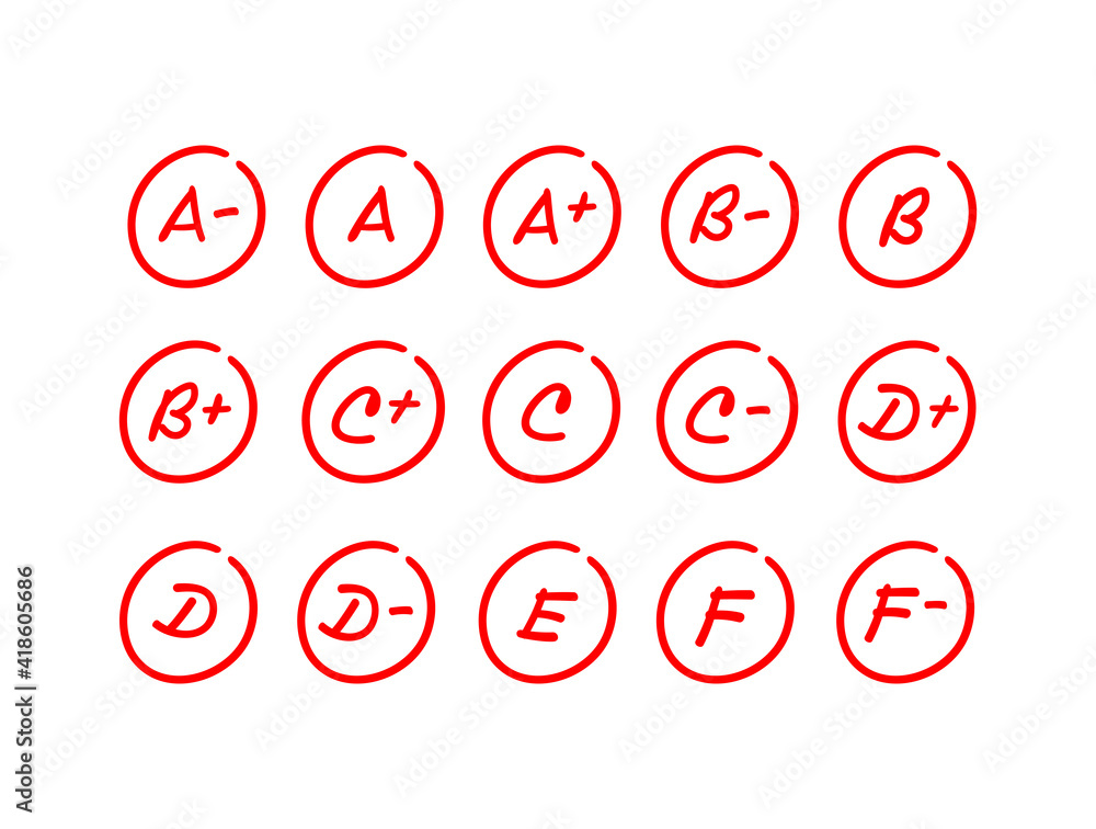 Set of exam results, red letter grade mark inside a circle, hand drawn test score illustration