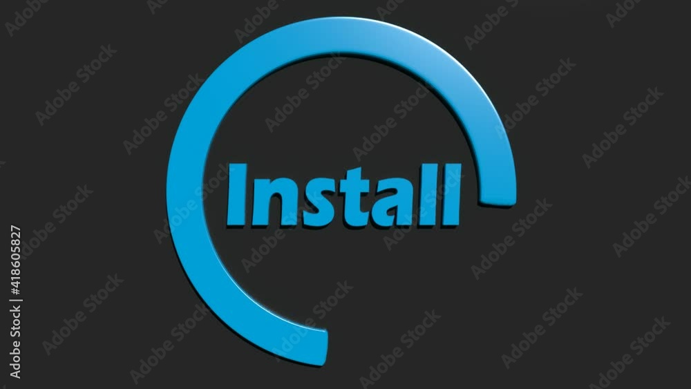 The write install in blue letters, inside a blue turning circle, on black background - 3d rendering illustration The write install in blue letters, inside a blue turning circle, on black background - 3d rendering illustration
