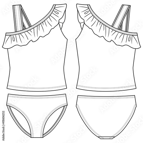 Girls 2 pieces Tankini fashion flat sketch template. Frill Detail. Swimwear Technical Fashion Illustration