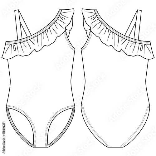 Trendy Girls Off-shoulder Swimsuit fashion flat sketch template. One piece Swimwear Technical Fashion Illustration. Frill Detail