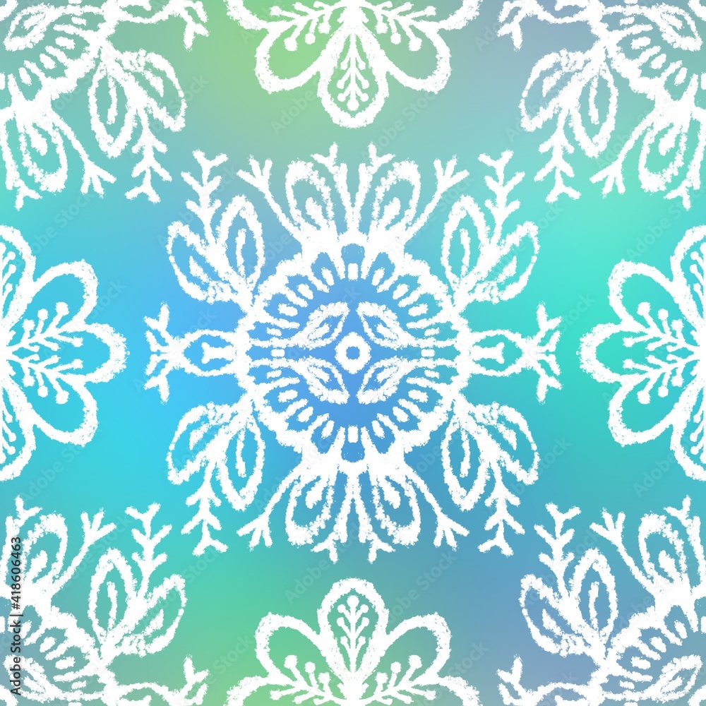 Fototapeta premium Seamless gradient mesh blurry background tribal ethnic rug motif pattern. High quality illustration. White hand drawn boho gipsy design on blue and green faded backdrop. Holographic iridescent look.
