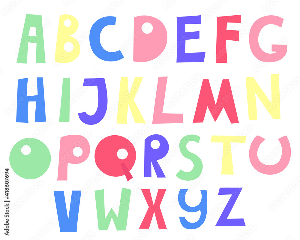 Doodle hand drawn style outline colorful letters of English alphabet, capital letters, cute funny decorative lettering