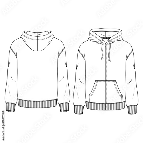 Men Hooded Fleece Top fashion flat sketch template. Technical Fashion Illustration. Boys Sweatshirt. Zip Front