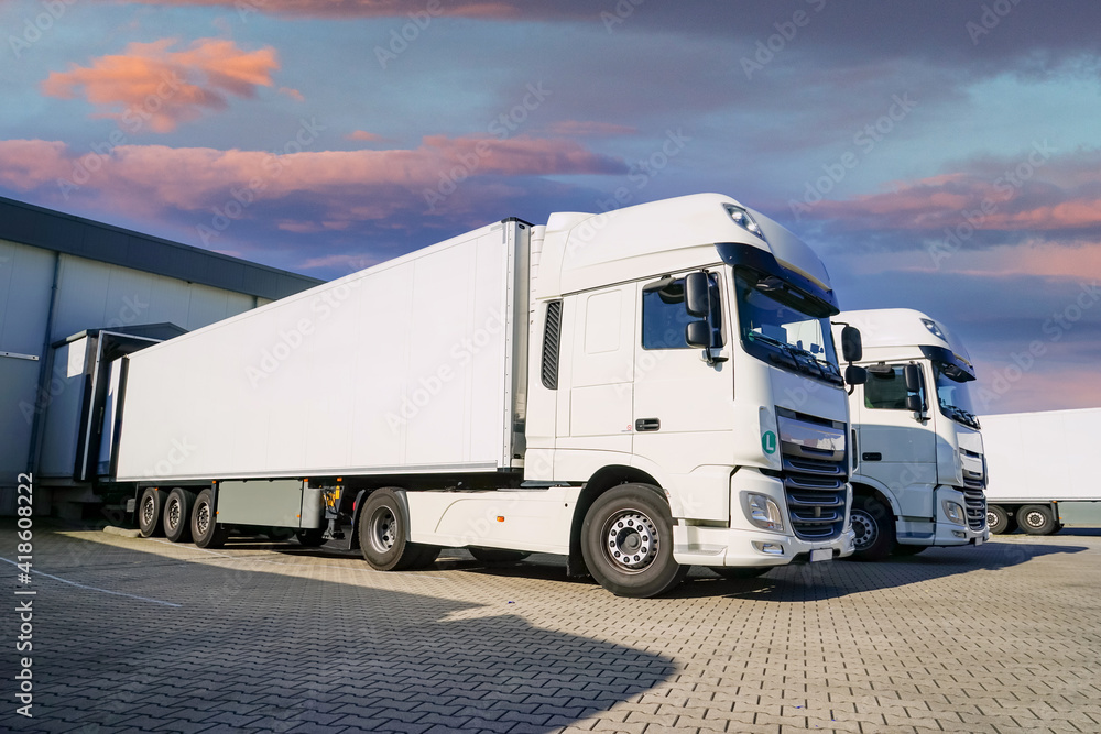 Fototapeta premium Saubere Lastkraftwagen auf dem Hof einer Spedition, Symbolfoto für Transport und Logistik.