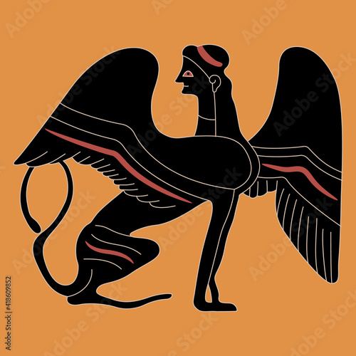 Ancient Greek sphinx. Fantastic female winged cat woman. Vase painting style. Antique mythological creature.