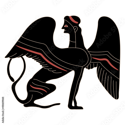 Ancient Greek sphinx. Fantastic female winged cat woman. Vase painting style. Antique mythological creature. Monochrome silhouette.