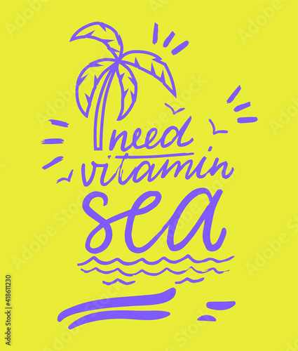 T-shirt design for summer on an illuminating yellow background. Palm tree and sea t shirt pattern