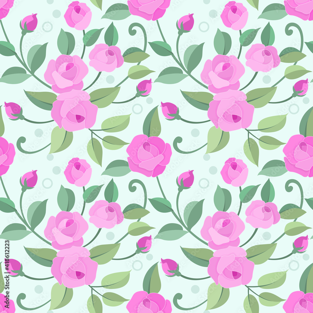 Seamless pattern with pink rose on light green background for fabric, textile, and wallpaper.