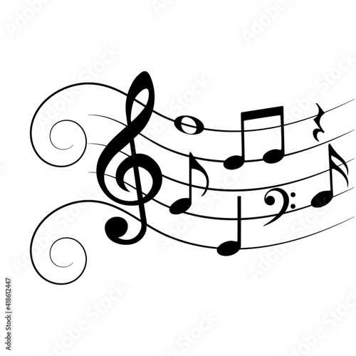 Music notes with swirls, musical background, vector illustration.
