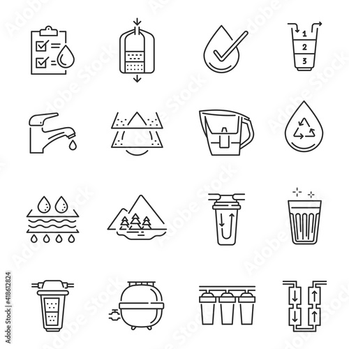 Collection of line icon water filtration chemical research drinking beverage for healthy nutrition