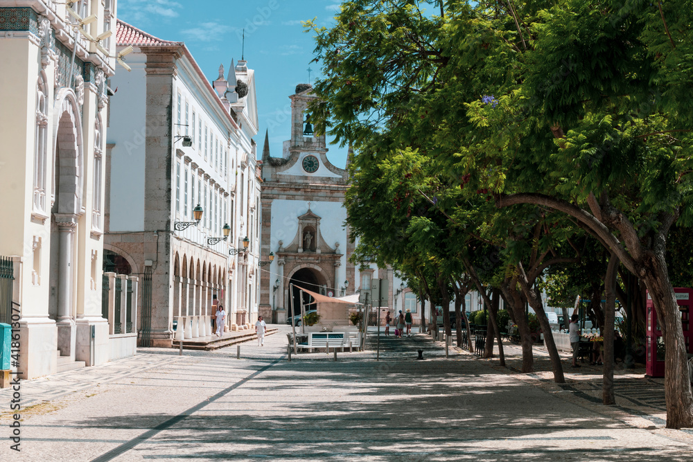 Faro, Portugal - April 9 2020. View of the city center of Faro next to the harbor in a summer day. Algarve.