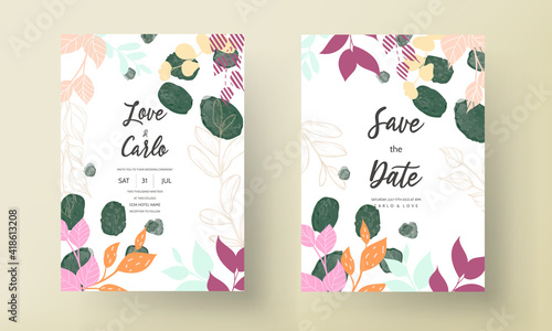Flat floral design wedding card with gold leaf