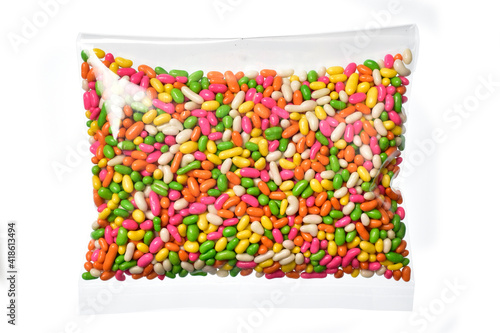 Saunf packet on white background, colorful fennel seeds