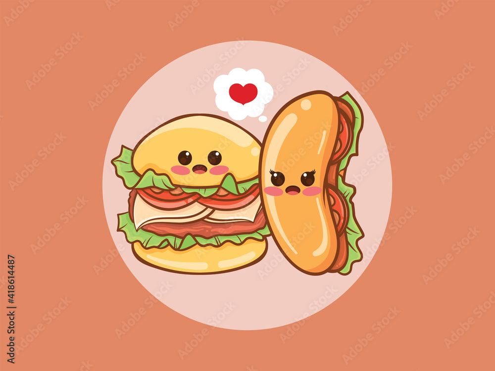 cute burger and hot dog couple concept. cartoon character and illustration. cute burger and hot dog couple concept. cartoon character and illustration.