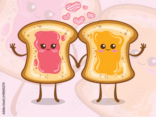 The cute, jam-covered white bread says hello. cartoon characters.