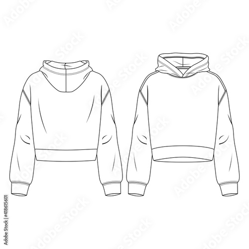 Women Hooded Crop Top fashion flat sketch template. Technical Fashion Illustration. Girls Sweatshirt