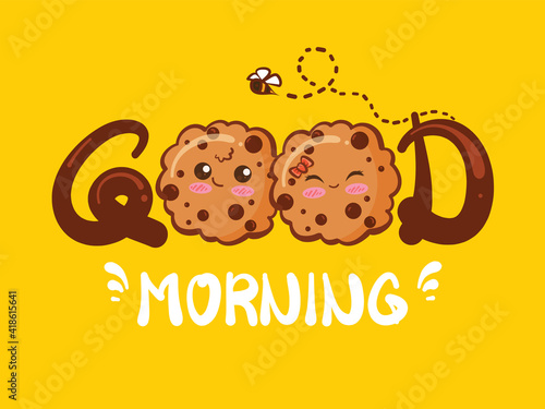 Cute cookies choco chips couple. good morning concept. cartoon