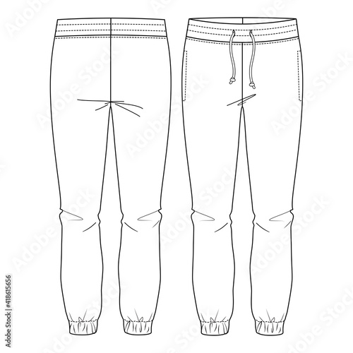 Women Basic Sweat, lounge Pants.  flat fashion sketch template. Technical Fashion Illustration. Front Drawcord. Slit Pockets