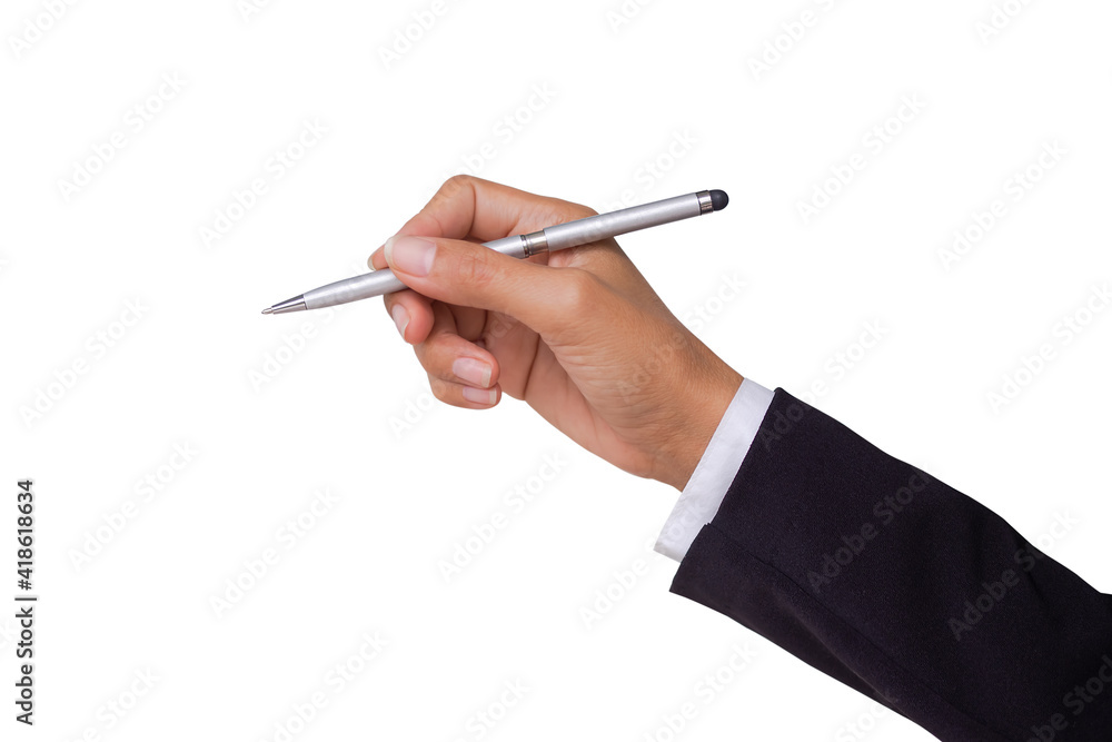 Business sfaff woman hand with black suit holding pen isolated on withe background. for write work document. Business sfaff woman hand with black suit holding pen isolated on withe background. for write work document.